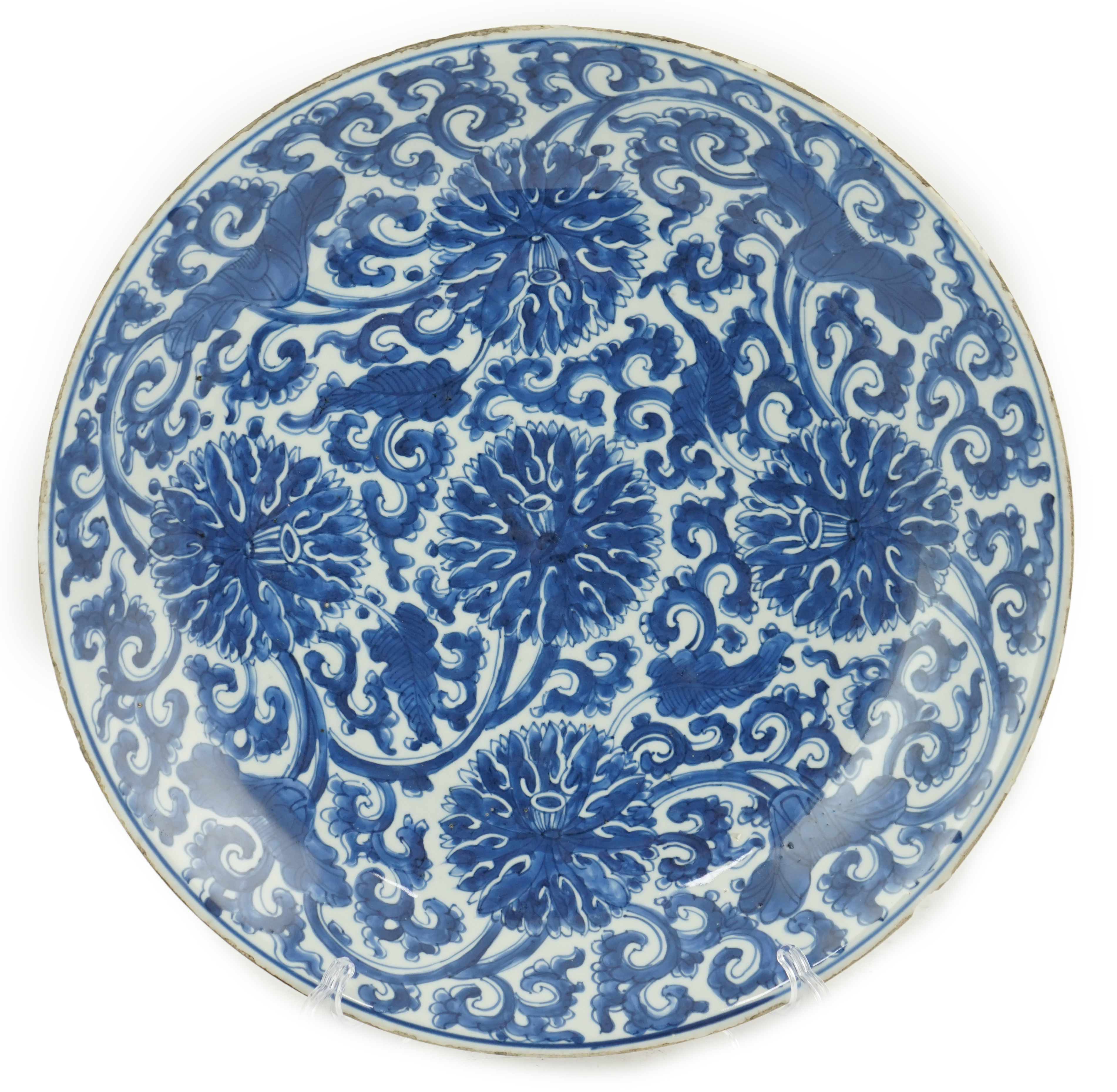 A large Chinese blue and white ‘lotus’ dish, Kangxi period